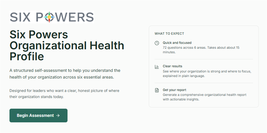 The Six Powers Organizational Health Profile landing page, explaining its organizational assessment